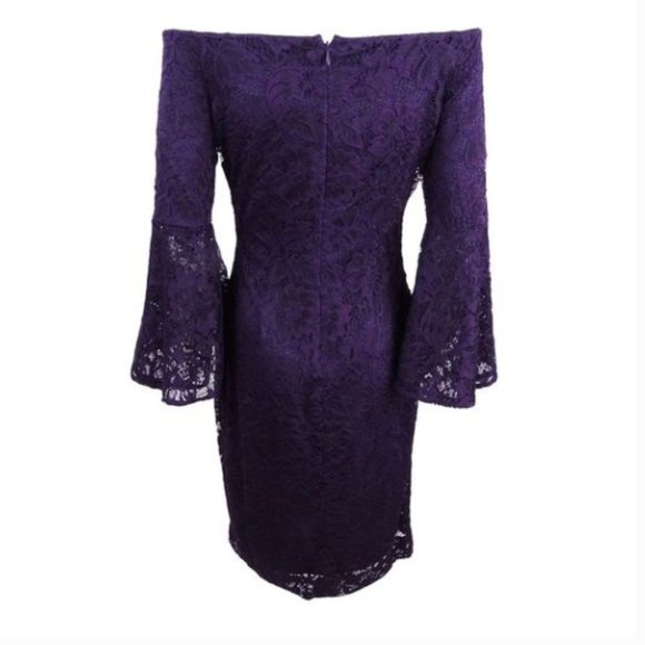 Lauren Ralph Lauren Purple Lace Off-the-Shoulder Trumpet Sleeve Dress Size 16 - Picture 6 of 6